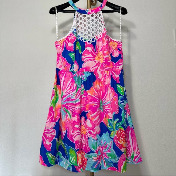 Lilly Pulitzer Kinley Pink Blue Halter Sleeveless Eyelet Fit & Flare Sundress - Picture 3 of 14